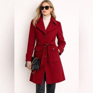 DKNY Burgundy Wool-Cashmere Blend Belted Coat Tailored Fit Classic Winter Chic